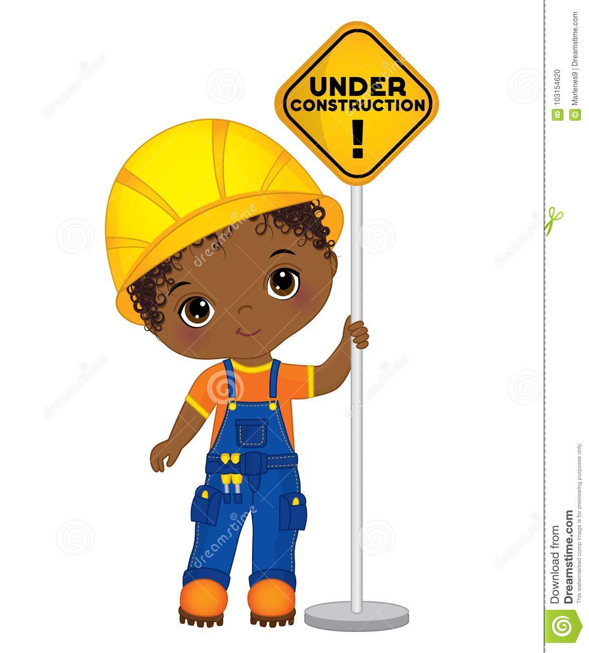 vector cute little african american boy holding sign under construction builder illustration 103154620